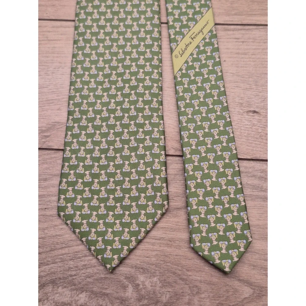 Salvatore Ferragamo Mens Silk Tie Green Whimsical Dog Animal Print Made in Italy